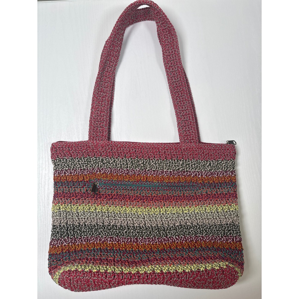 The Sak Crochet Striped Tote Hobo‎ Bag Rainbow Multi Color Knit Shoulder Zip Top